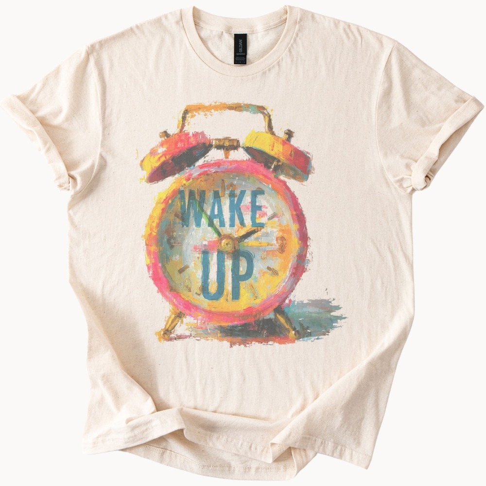 Wake Up Colorful Alarm Clock Graphic Tee Retro Art Design